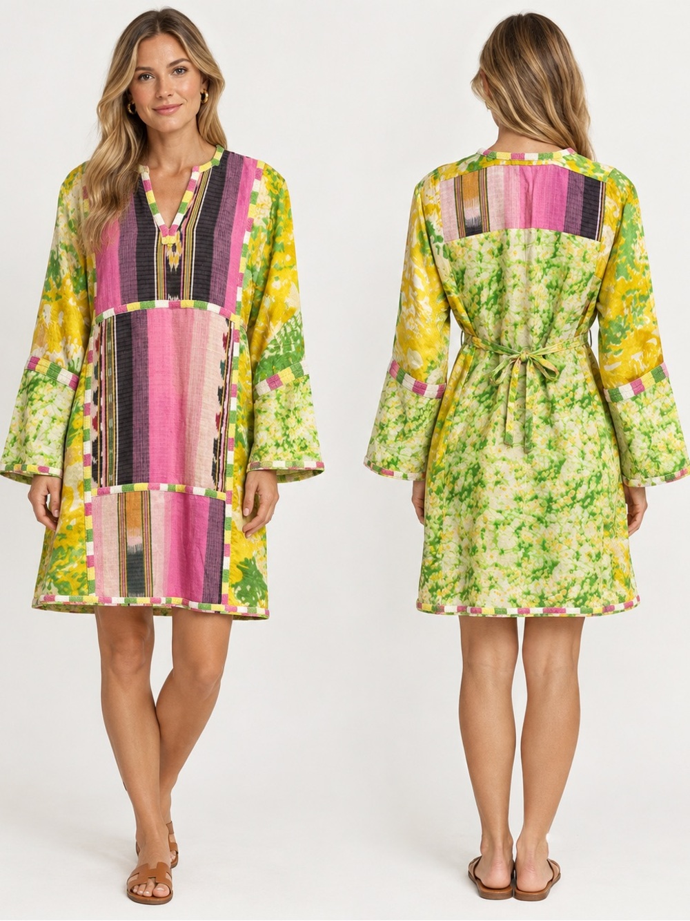Aoyama Itchome silk cotton boho patchwork colorful geo Aztec pink yellow dress S - Picture 1 of 6